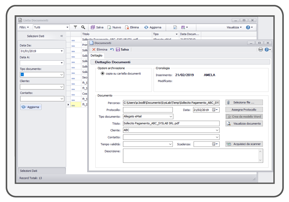 Il dettaglio di un documento in StudioPlan: archiviazione, protocollo, tipo, Cliente e scadenza