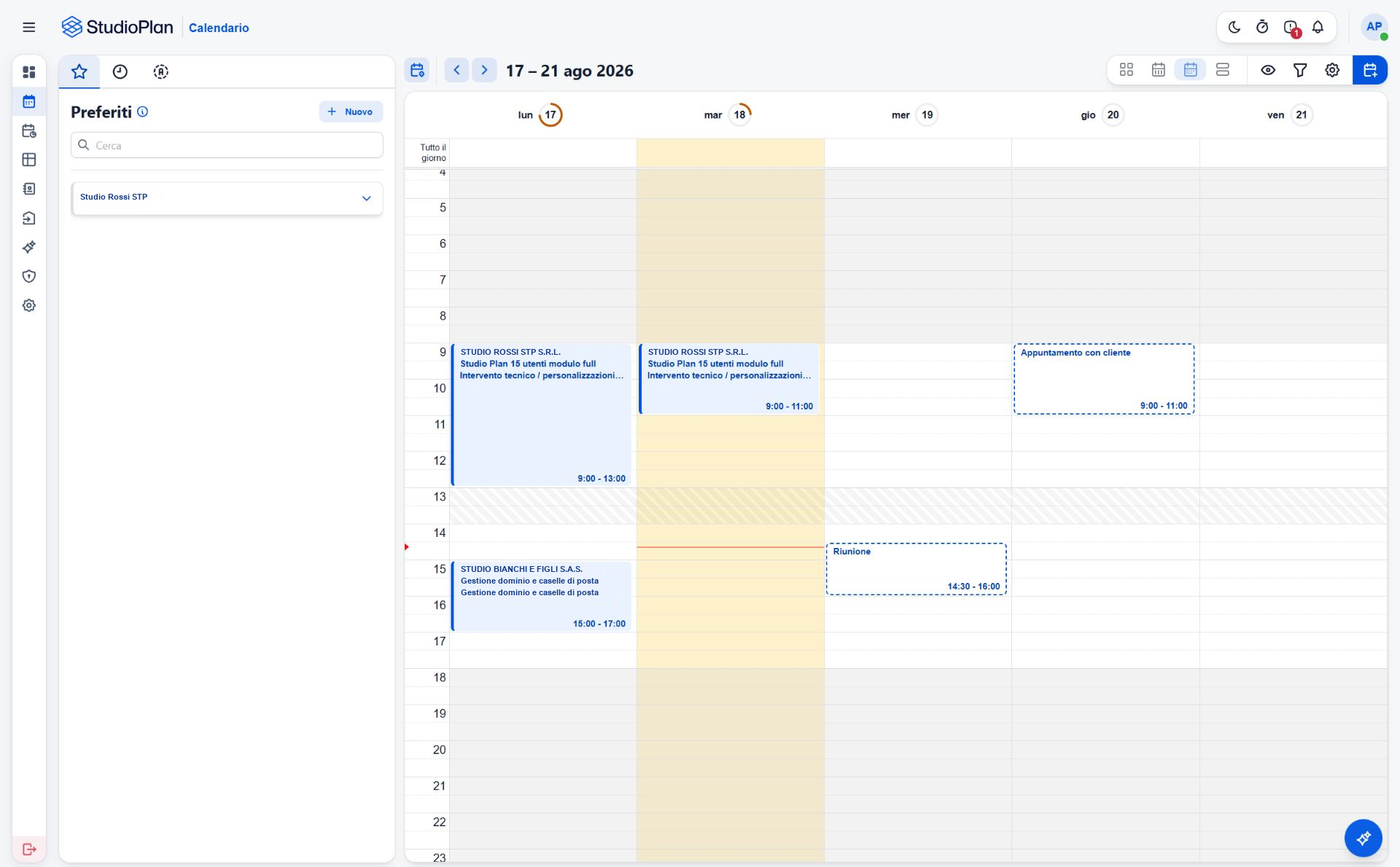 Il Timesheet di StudioPlan Web aperto dal browser, con la settimana di lavoro e il pannello dei preferiti