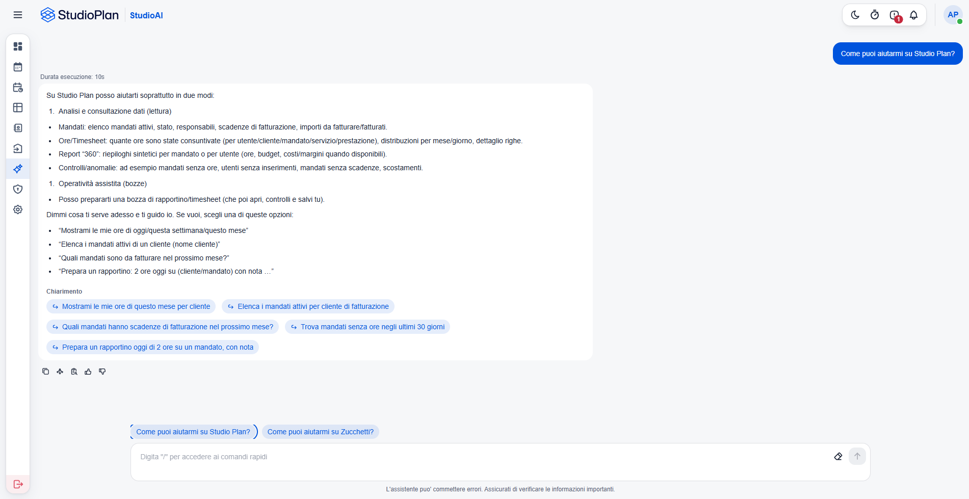 StudioAI in StudioPlan Web: l'assistente elenca cosa sa fare, dalla consultazione di mandati e ore alla preparazione di bozze di rapportino