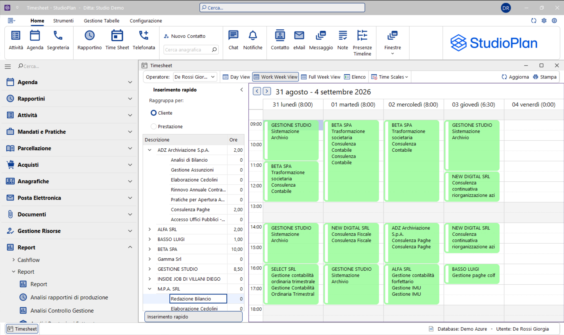 Timesheet di StudioPlan: settimana lavorativa per operatore con le ore consuntivate per Cliente e prestazione