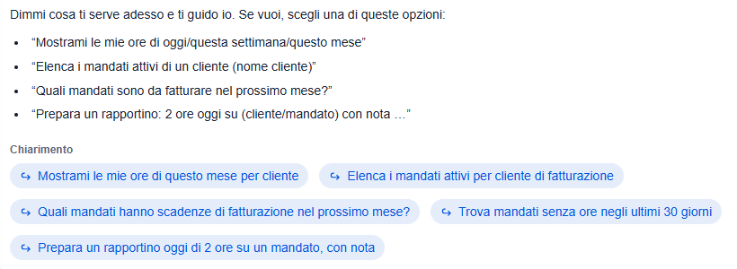 StudioAI in StudioPlan Web: esempi di domande da fare in italiano, come «Quali mandati sono da fatturare nel prossimo mese?»