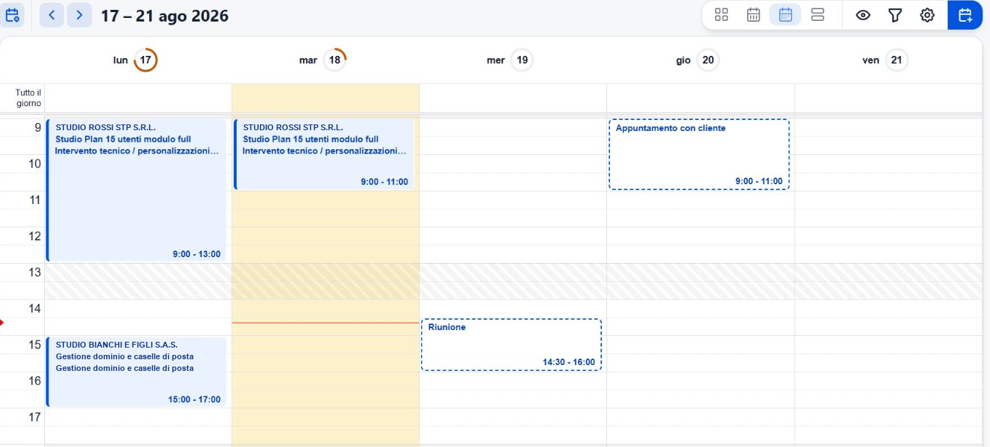 L’Agenda di StudioPlan Web: la settimana con le attività per Cliente e le riunioni, da un browser